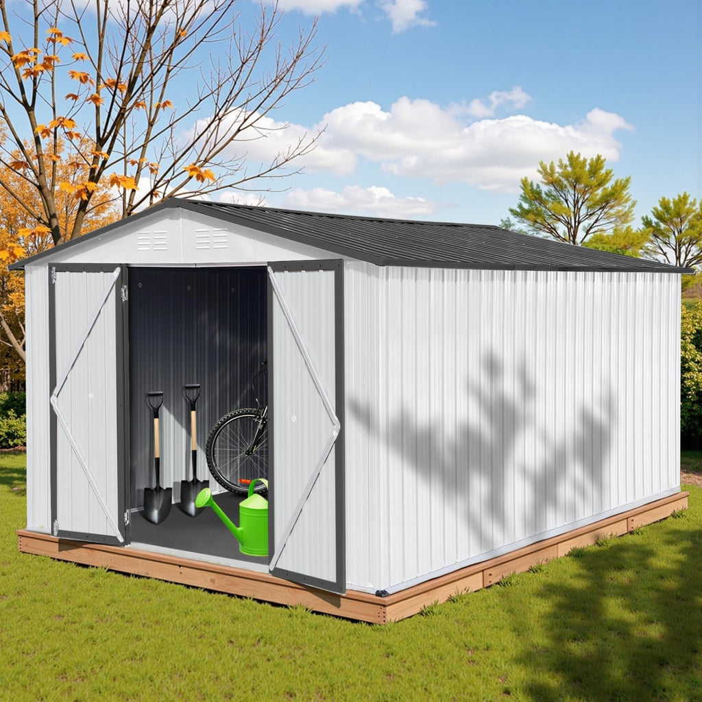 LINKHOO 10'x12' Metal Garden Shed, Outdoor Storage, White & Grey
