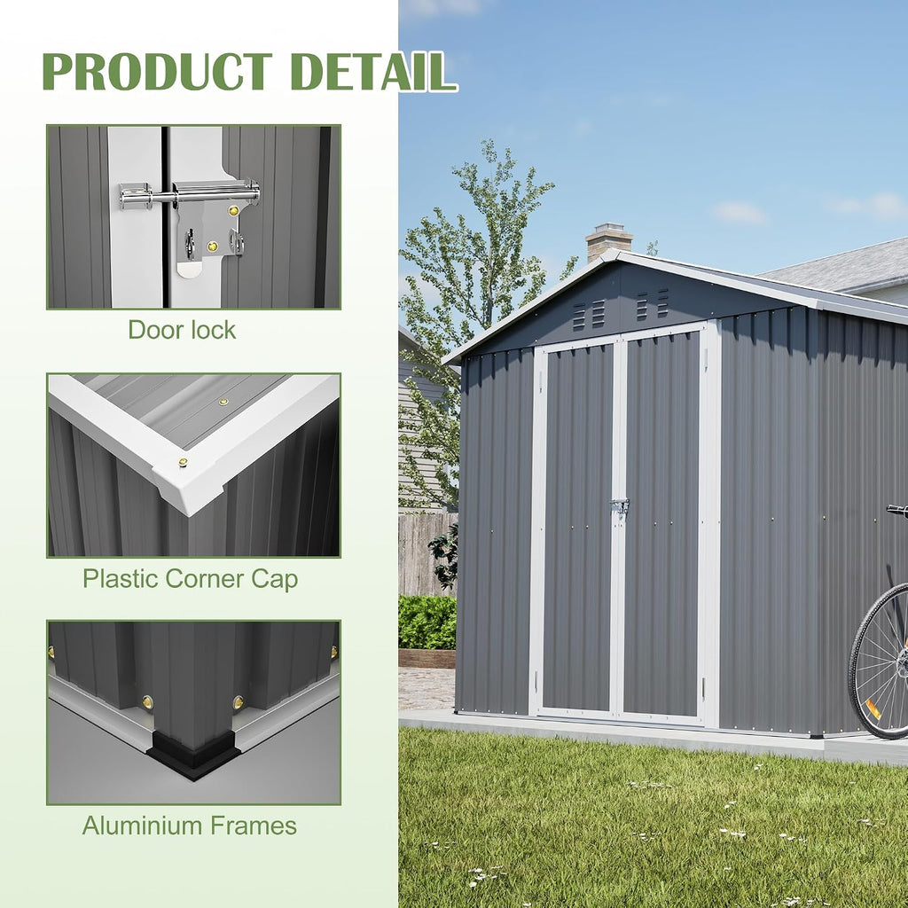 8x12 FT Shed Outdoor Storage Metal Large Garden Tool Sheds with Lockable Doors Floor Frame Gable Roof Waterproof Steel Utility Equipment Sheds for Backyard Patio Lawn Poolside, Grey