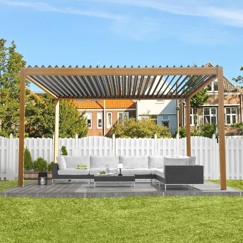Domi Louvered Pergola 10x13FT, Outdoor Wood Grain Pergola Aluminum Frame with Adjustable Rainproof Metal Roof, Permanent Sun Shade with Drainage System for Deck Garden Yard