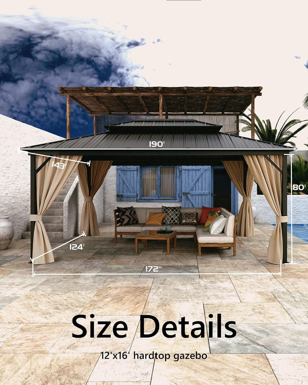 Takywep 12 x 16Ft Hardtop Gazebo, Heavy Duty Gazebo with Curtains and Netting, Outdoor Gazebo with Double Metal Roof, Shade Canopy with Aluminum Frame, for Deck, Backyard, Lawn, Garden