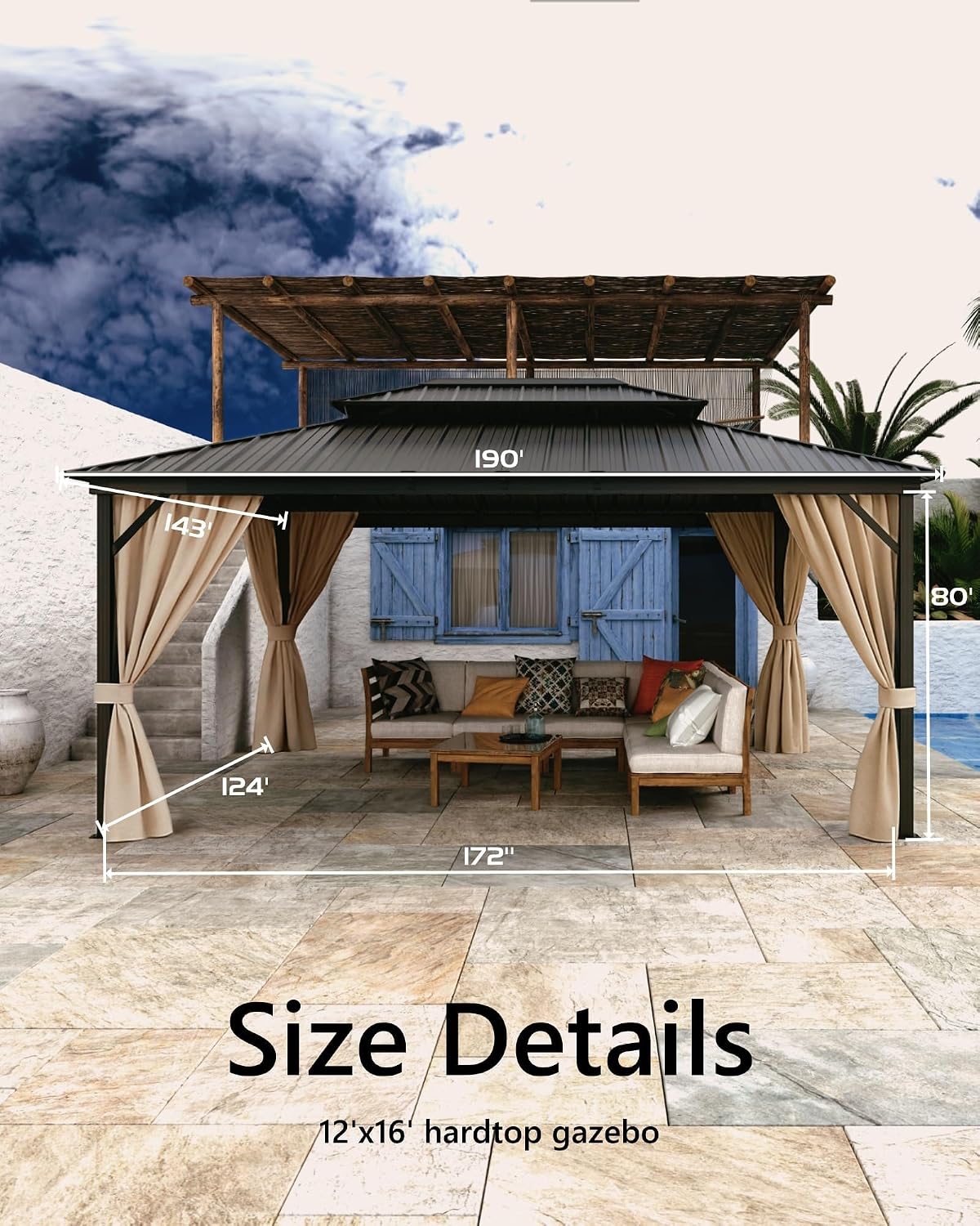 Takywep 12 x 16Ft Hardtop Gazebo, Heavy Duty Gazebo with Curtains and Netting, Outdoor Gazebo with Double Metal Roof, Shade Canopy with Aluminum Frame, for Deck, Backyard, Lawn, Garden