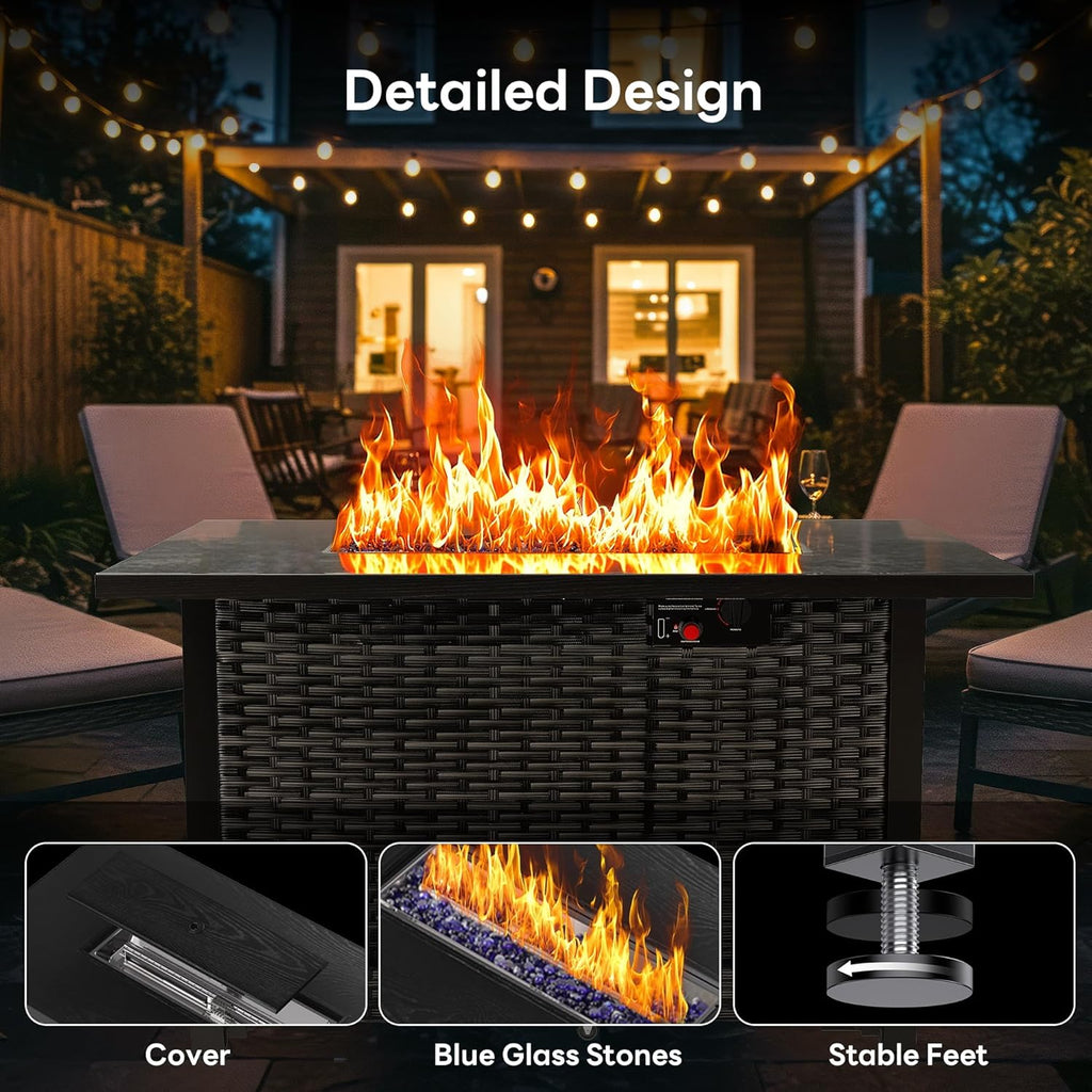 43' Outdoor Propane Fire Pit Table, 50,000 BTU Square Rattan Gas Fire Pit with Lid & Blue Crystal Stones, Steel Tabletop, Adjustable Flame, 4-in-1 FirePit Table for Patio, Backyard, Outdoor Gatherings