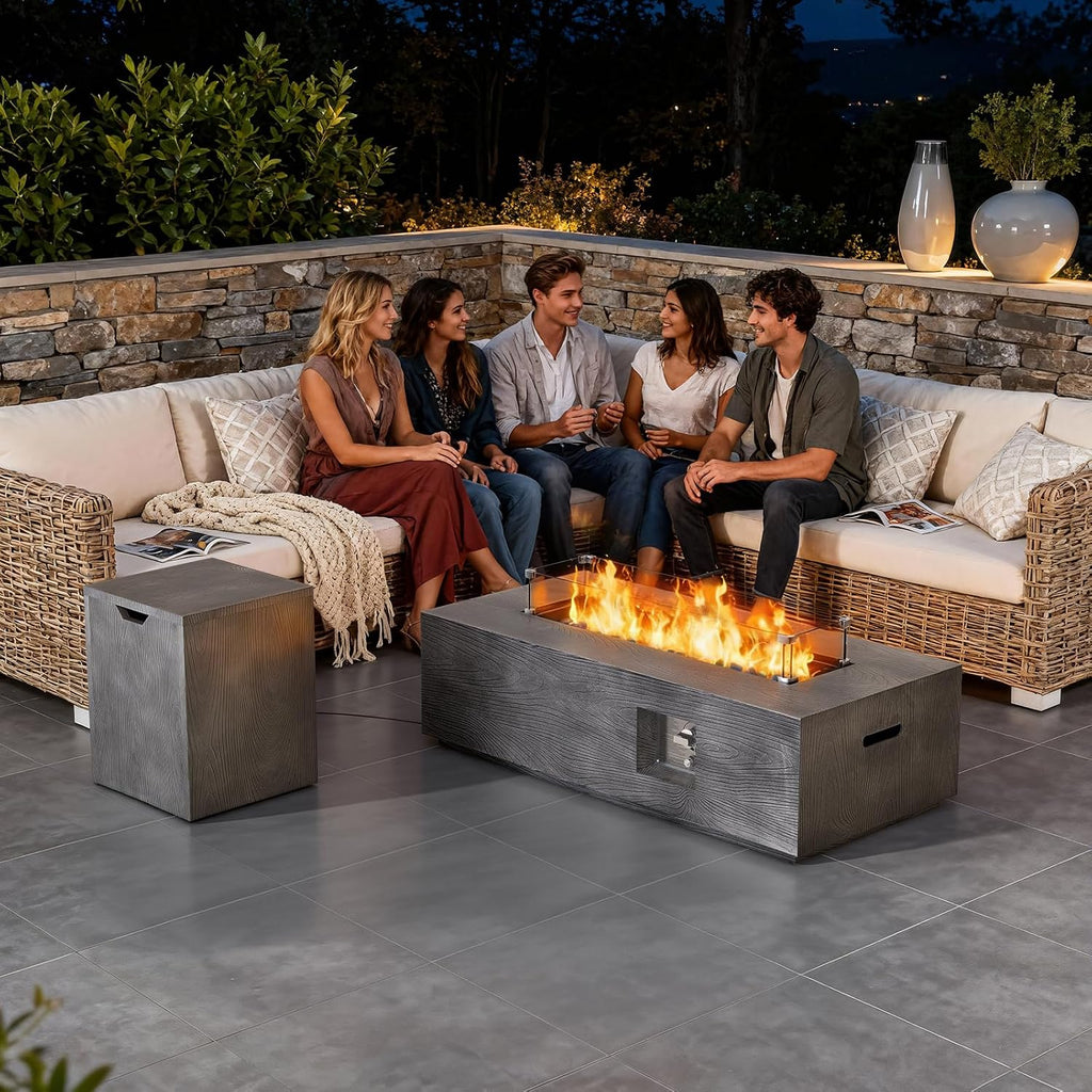 Dineli 2-Piece Outdoor Propane Fire Pit Table Set w Tank Table 42'' Rectangular Firepit with 50,000 BTU Output Gas Fire Pits for Outside Patio Fire Table Tabletop Fire Pits, Gray - Wood Grain