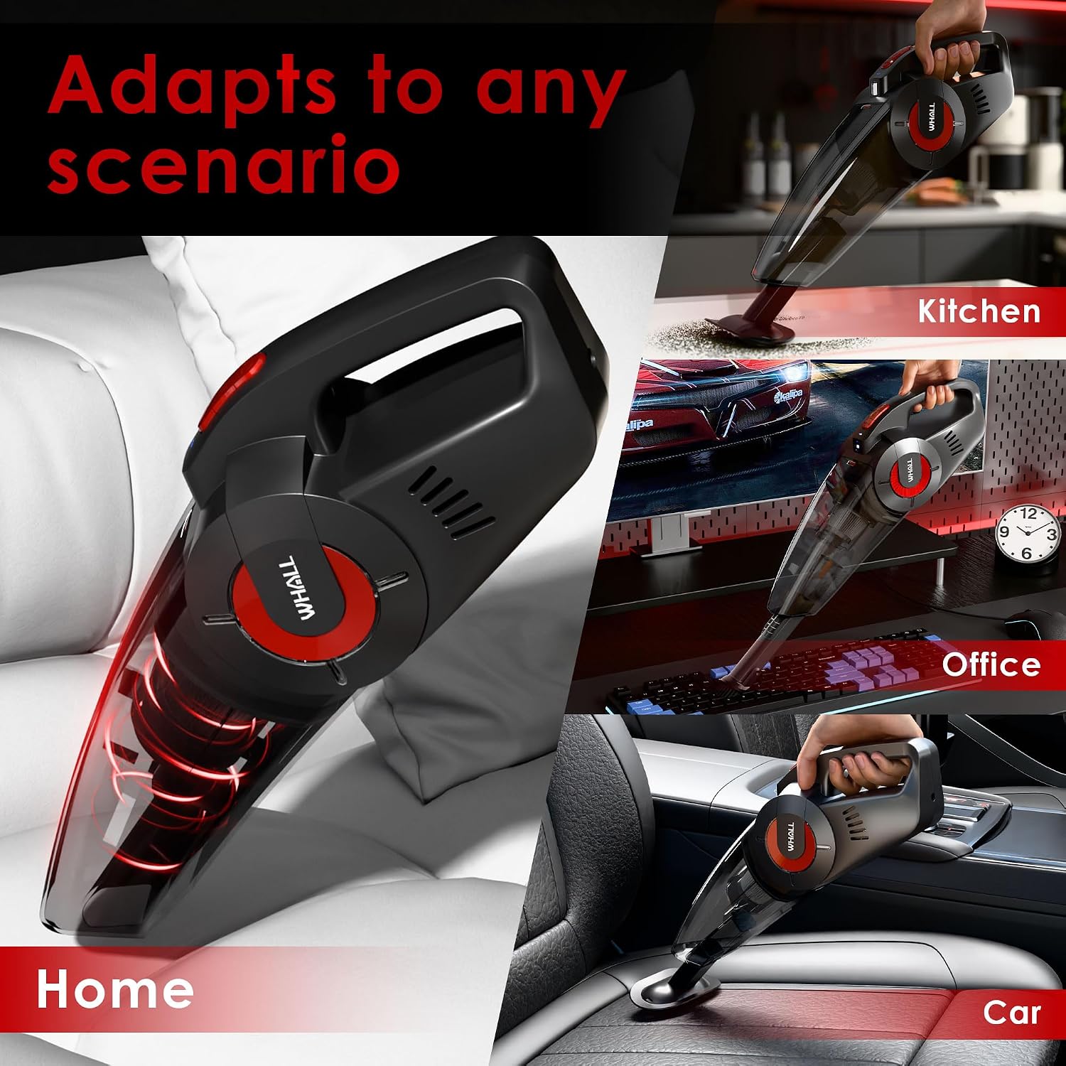 Whall Handheld Cordless Car Vacuums, Wet and Dry Use 9000Pa Strong Suction Vacuums, Rechargeable Portable Vacuum Cleaner with LED, Charging Dock, Lightweight Mini Vacuum for Car, Home and Office,Red