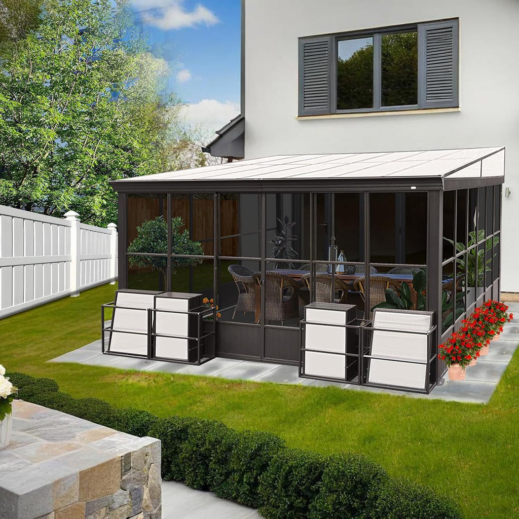 10x14FT Sunroom Kit, Wall Mounted Sunroom, Outdoor Permanent Houses with Detachable Polycarbonate Windows, Lean to Gazebo Sun Room with 2 Lockable Sliding Doors