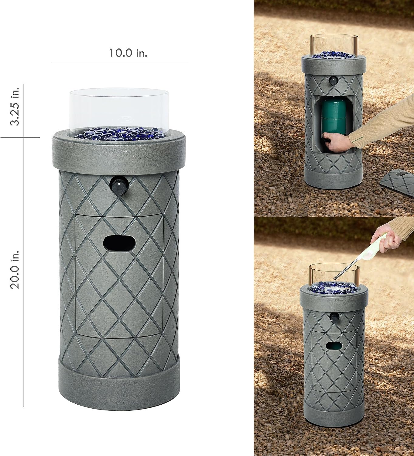 1 lb Column Propane Fire Pit, 10,000 BTU Gas Fire Pit, Outdoor Firepit for Patio w/Wind Glass Shield, Glass Rocks