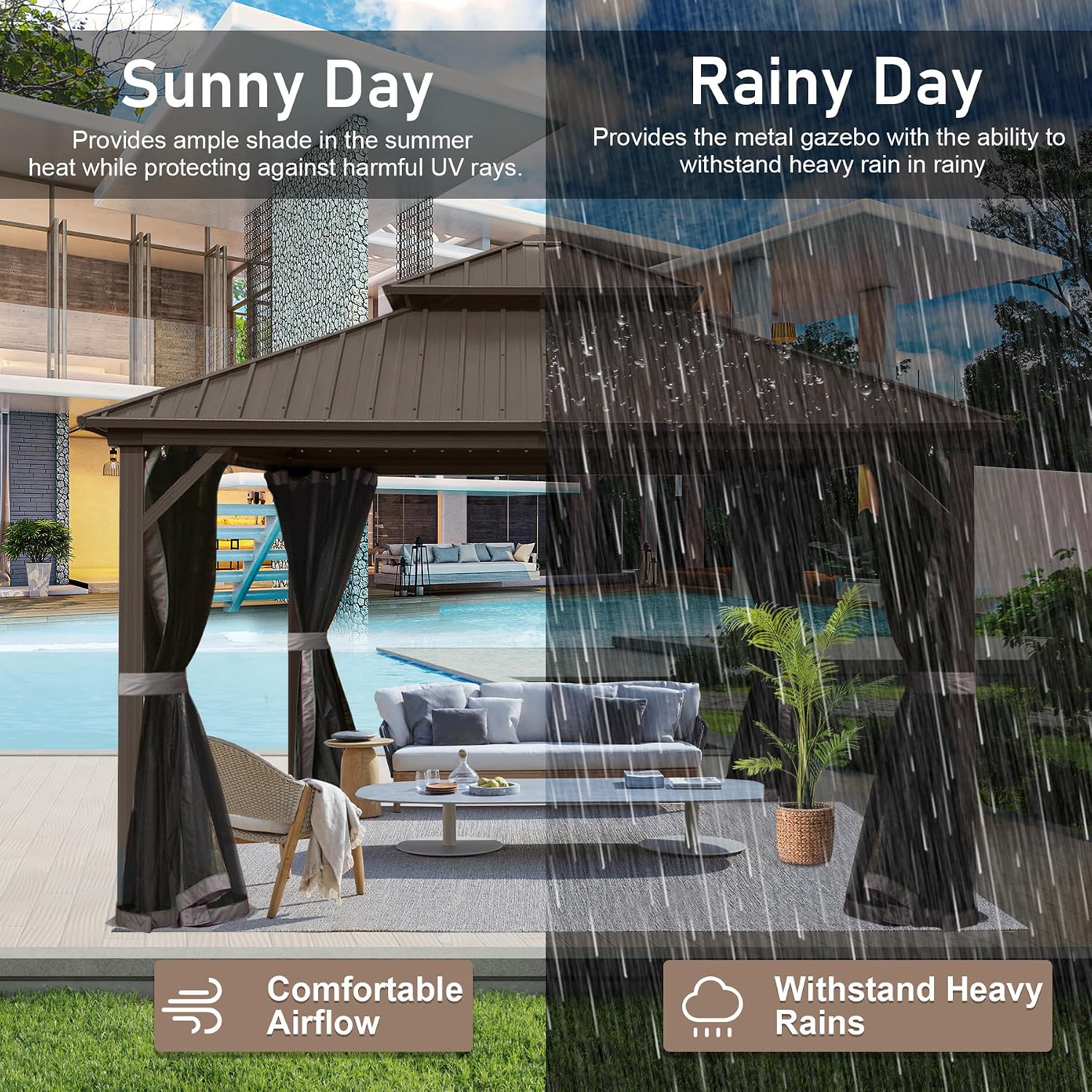 Domi Hardtop Gazebo 10x10FT, Aluminum Outdoor Gazebo with Galvanized Steel Double Roof Canopy, Curtains and Netting Included, Metal Gazebo Permanent Pavilion for Patio, Lawn, Garden, Brown
