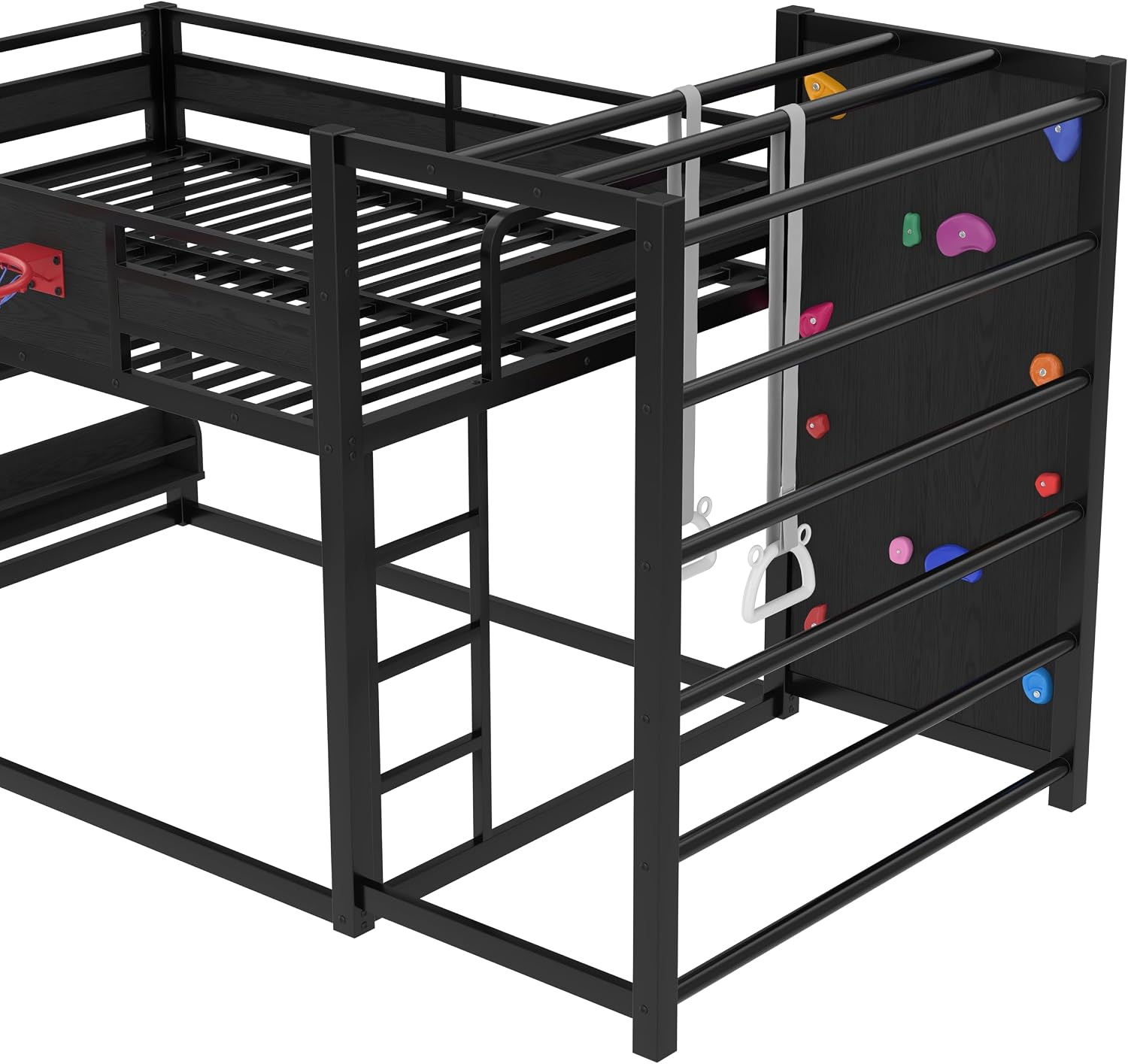 SOFTSEA Full Size Metal Loft Bed with Slide, Heavy Duty Bunk Bed with Bookshelves, Basketball Hoop, Climbing Wall & Pull Up Rings for Kids Teens, Playful Basketball Slide Bed Loft Bed Frame, Black
