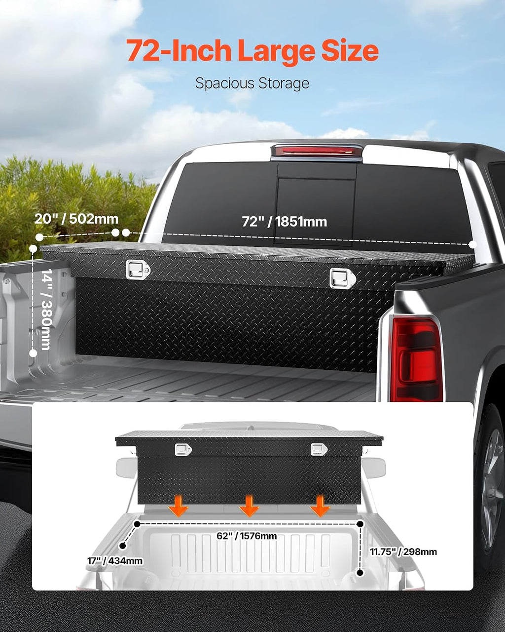 VEVOR Crossover Truck Tool Box, 72x20x14 In, Heavy Duty Aluminum Toolbox with Diamond Texture, Pick Up Truck Bed RV Trailer Toolbox, Waterproof Storage Organizer with Lock, Keys, Side Handles, Black