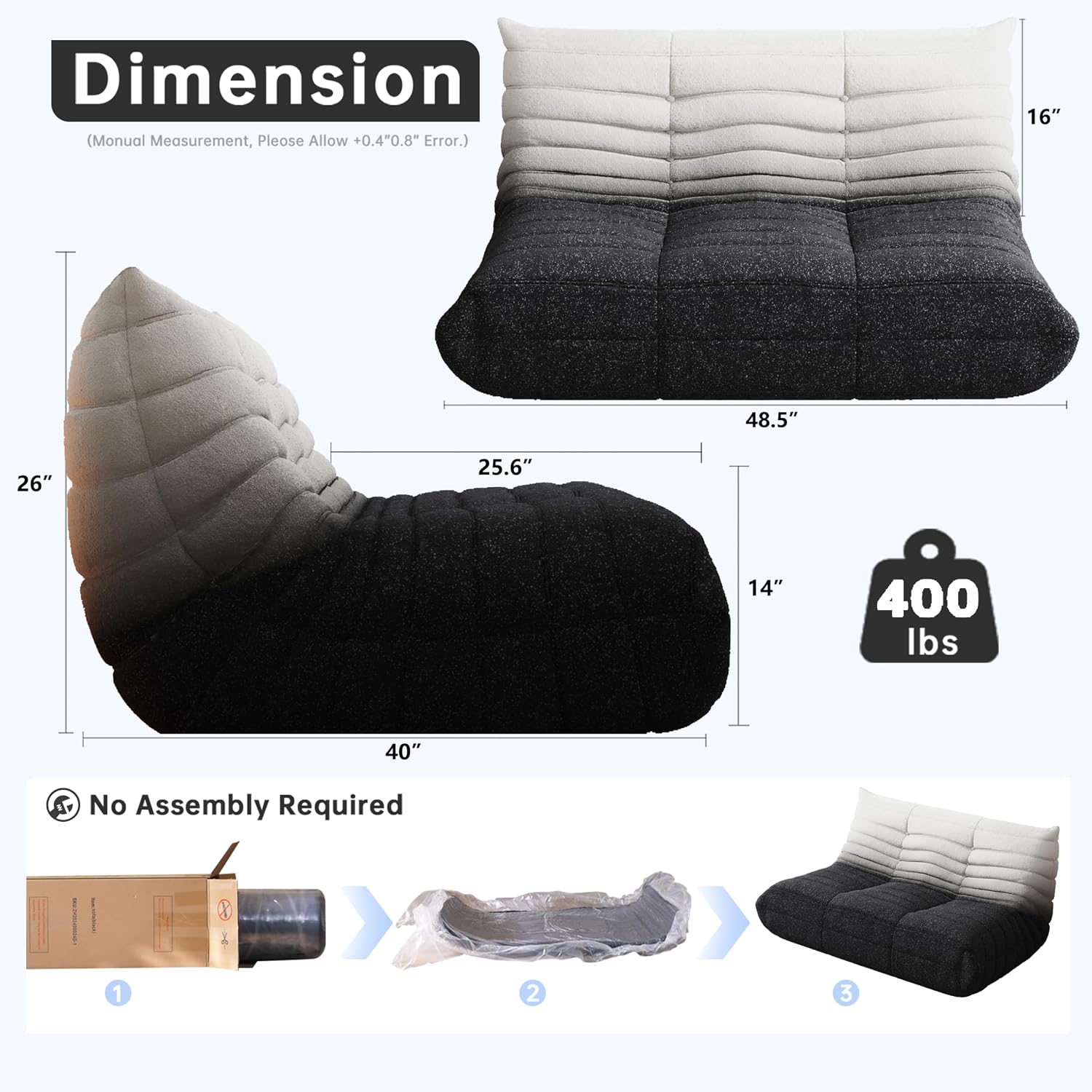 WHGBJA Bean Bag Chairs for Adults, Memory Foam Couch Loveseat Sofa Chair, Soft Teddy Material Cozy Comfy Reading Nook Chairs, Floor Chair for Living Room Bedroom Office(Black-White)