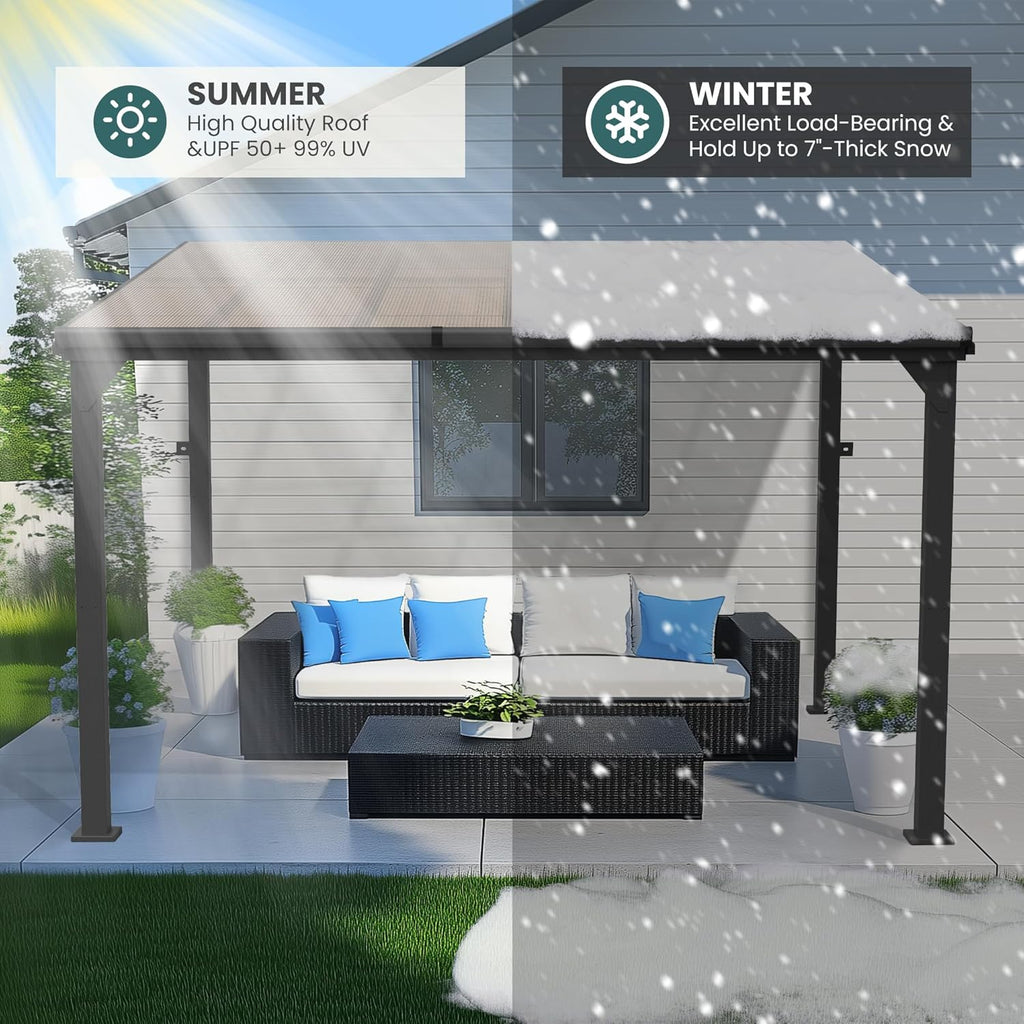 Pamapic 10 * 12FT Pergola,4 * 4 Inch Thickened Pillars & Enlarged Base,Outdoor Hardtop Lean to Gazebo,Wall Mounted Pergola,Pergolas Gazebos Clearance,Aluminum Frame Pergola,UV Resistant Patio Roof