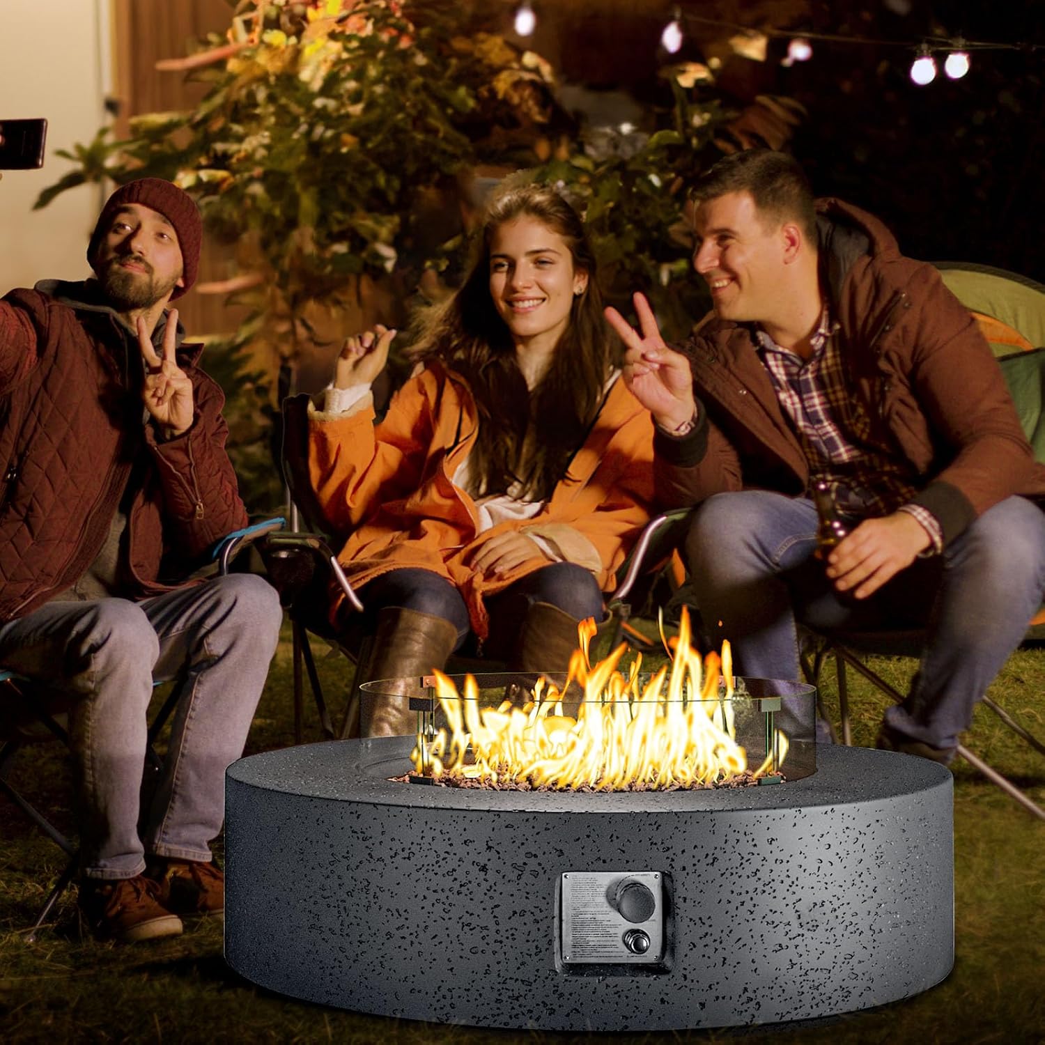 COSIEST 42 inch Outdoor Propane Fire Pit Coffee Table w Concrete Round Base Patio Heater, Certified, 50,000 BTU Stainless Steel Burner, Free Lava Rocks, Rain Cover, Wind Guard, Tank Cover, Gray