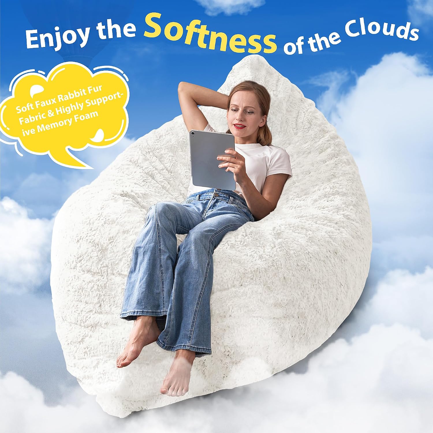 HABUTWAY 4 in 1 Bean Bag Chair, Giant Memory Foam Filling Bean Bag Sofa, Adult Bean Bag Chair, Machine Washable Faux Fur Cover, Bean Bag for Adult (White)