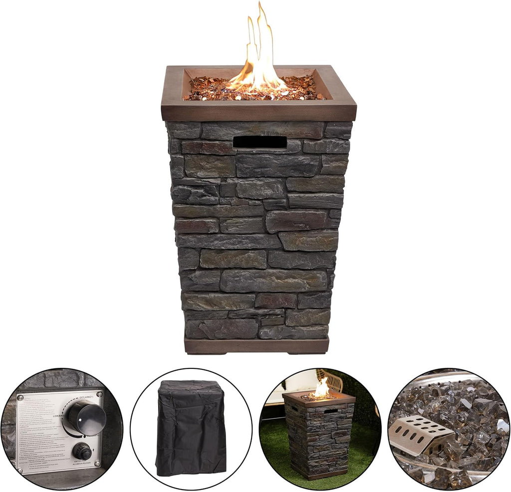 Alpine Corporation GXT966 Stone Look Column Gas Fire Pit with 32K BTU and Adjustable Flame, Cozy Patio Decor, 29' H, Multicolor