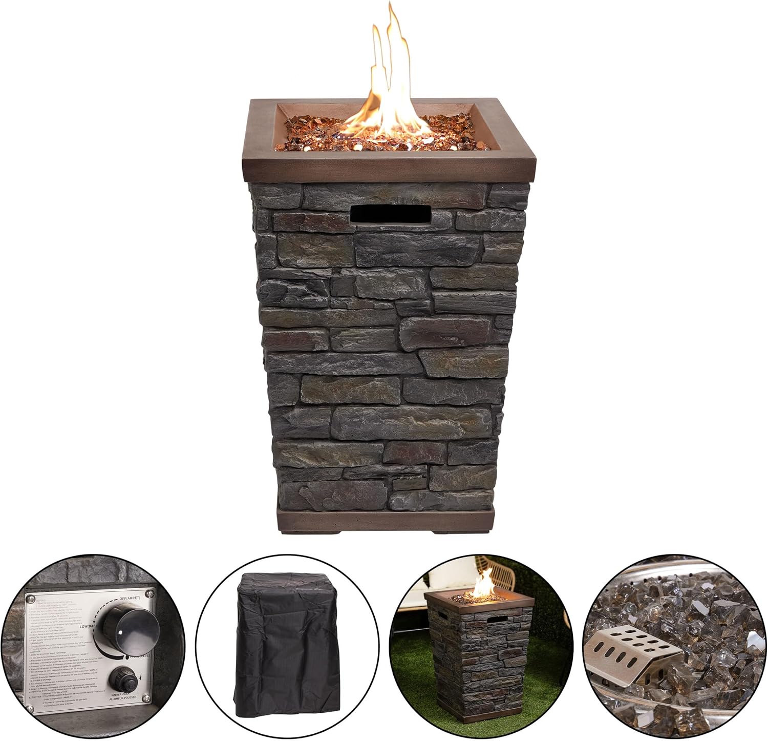 Alpine Corporation GXT966 Stone Look Column Gas Fire Pit with 32K BTU and Adjustable Flame, Cozy Patio Decor, 29' H, Multicolor