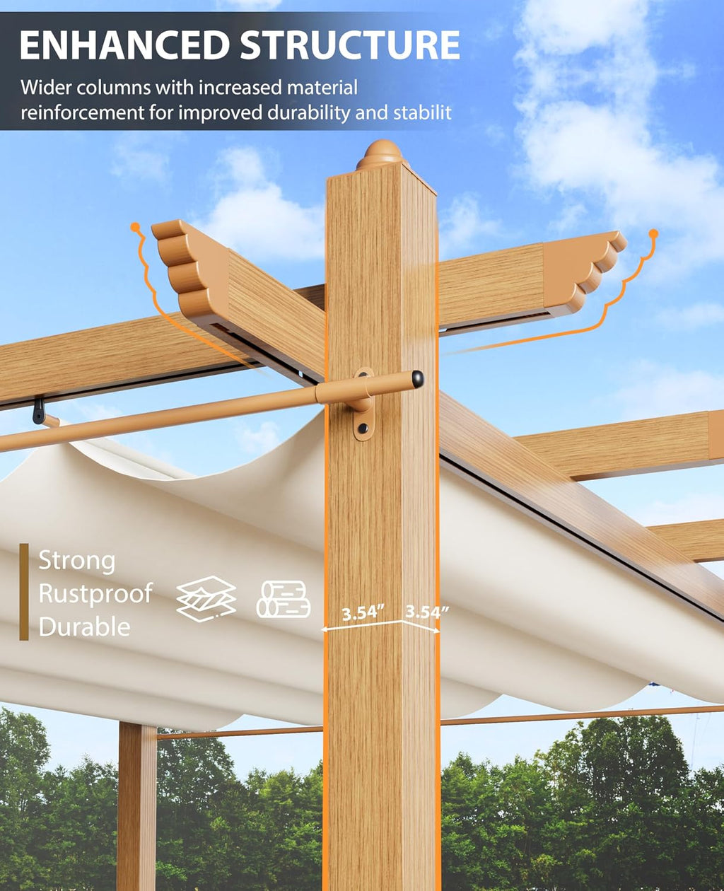 10x10 Ft Retractable Outdoor Pergola with Canopy and Side Mesh, Upgraded Wood-Grain Aluminum Pergola, Modern Pavilion for Backyard, Patio, Porch, Grape Trellis, Beige+White