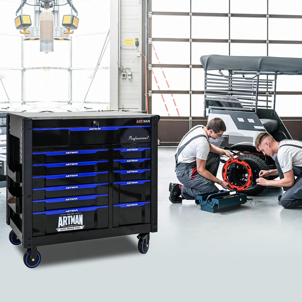 Heavy Duty Rolling Tool Chest with 12-Drawer Tool Cart Mechanic Tool Box with Wheels Tool Storage Cabinet Mobile Workbench Tool Bench for Garage, Workshop, Warehouse, Repair Shop, Iron Top
