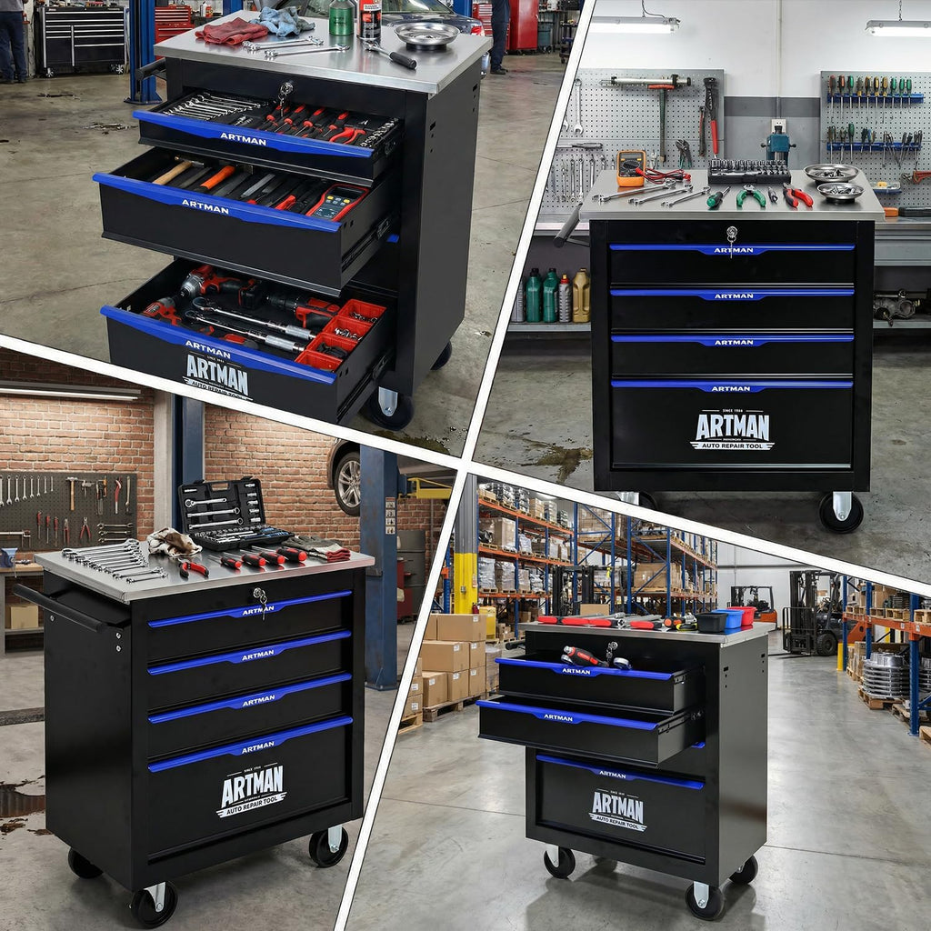 4-Drawer Rolling Tool Chest, Stainless Steel Countertop Mobile Tool Cabinet with Key Lock, 360° Swivel Wheels & Padded Feet, Portable Tool Storage Box for Home Garage Workshop, Black & Blue