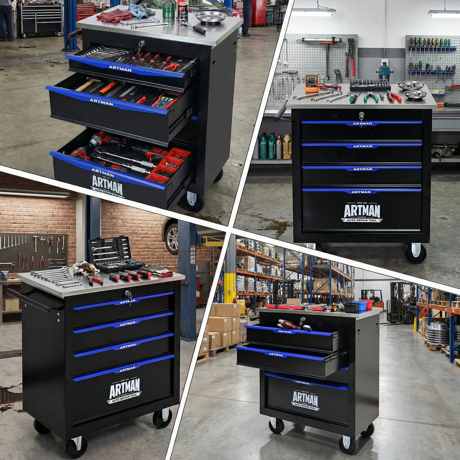 4-Drawer Rolling Tool Chest, Stainless Steel Countertop Mobile Tool Cabinet with Key Lock, 360° Swivel Wheels & Padded Feet, Portable Tool Storage Box for Home Garage Workshop, Black & Blue