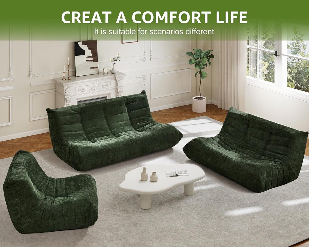 Bean Bag Chairs for Adults Giant Bean Bag Chair Memory Foam BeanBag Chair Bean Bag Sofa with Filler Faux Fur Fireside Beanbags Lazy Sofa for Living Room Bedroom Office (Green Chenille, Loveseat)