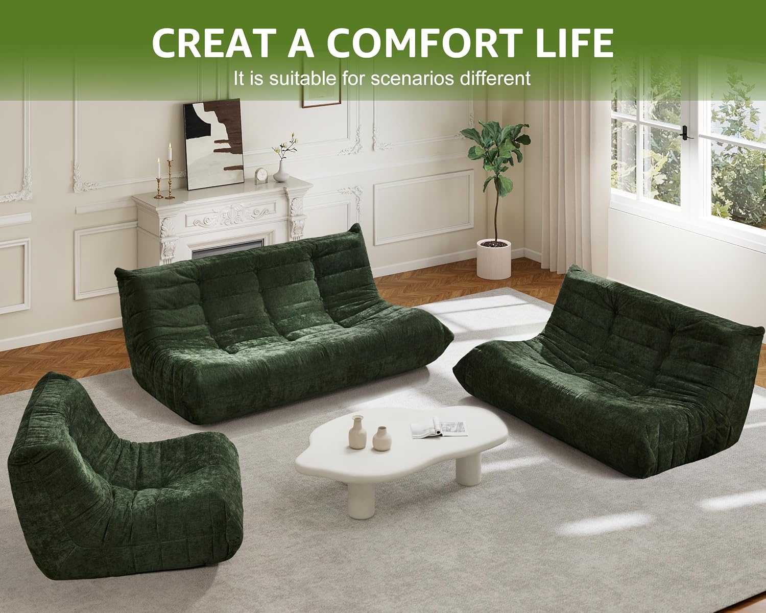 Bean Bag Chairs for Adults Giant Bean Bag Chair Memory Foam BeanBag Chair Bean Bag Sofa with Filler Faux Fur Fireside Beanbags Lazy Sofa for Living Room Bedroom Office (Green Chenille, Loveseat)