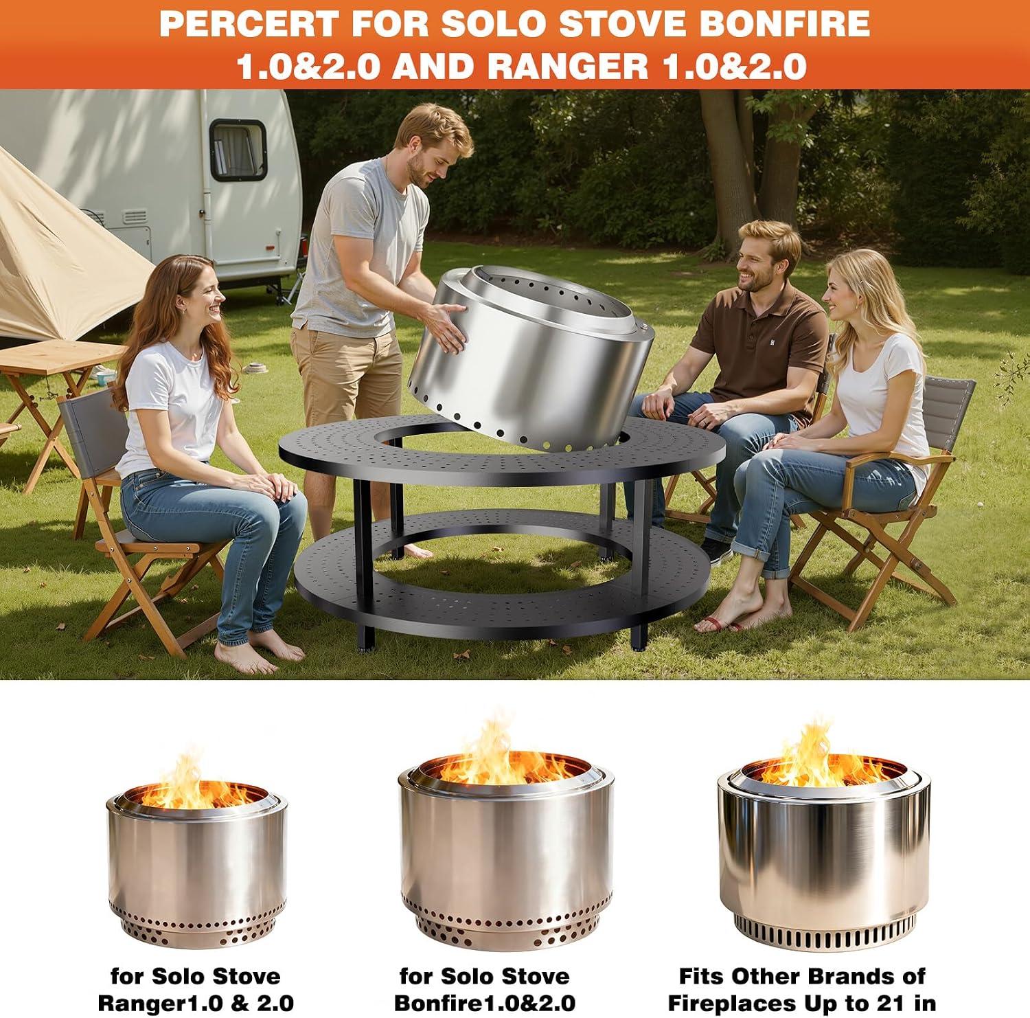 Fire Pit Surround Tabletop for Solo Stove Bonfire 1.0&2.0 and Ranger 1.0&2.0, 41' Fire Pit Surround Tabletop with Wood Storage Shelf, Powder-Coated Steel Surround Tabletop with Extra Space