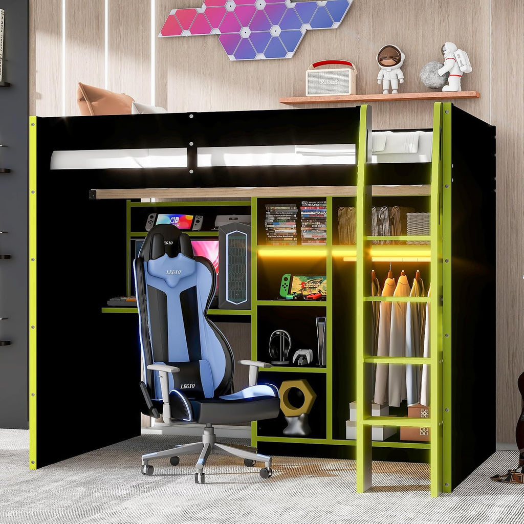 SOFTSEA Full Size Gaming Loft Bed with Desk, Bookshelves, Open Wardrobe & LED Lights for Bedroom, No Box Spring Needed, Green