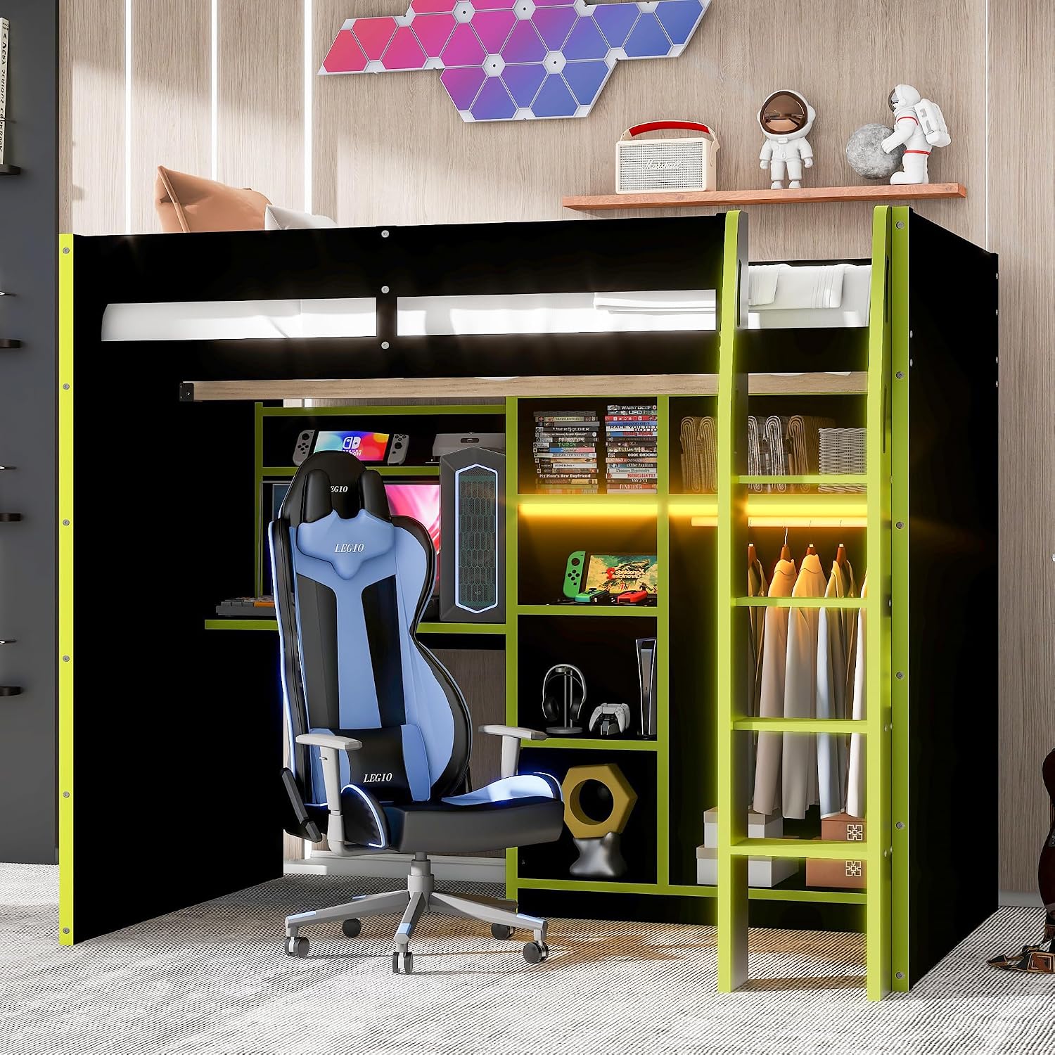 SOFTSEA Full Size Gaming Loft Bed with Desk, Bookshelves, Open Wardrobe & LED Lights for Bedroom, No Box Spring Needed, Green