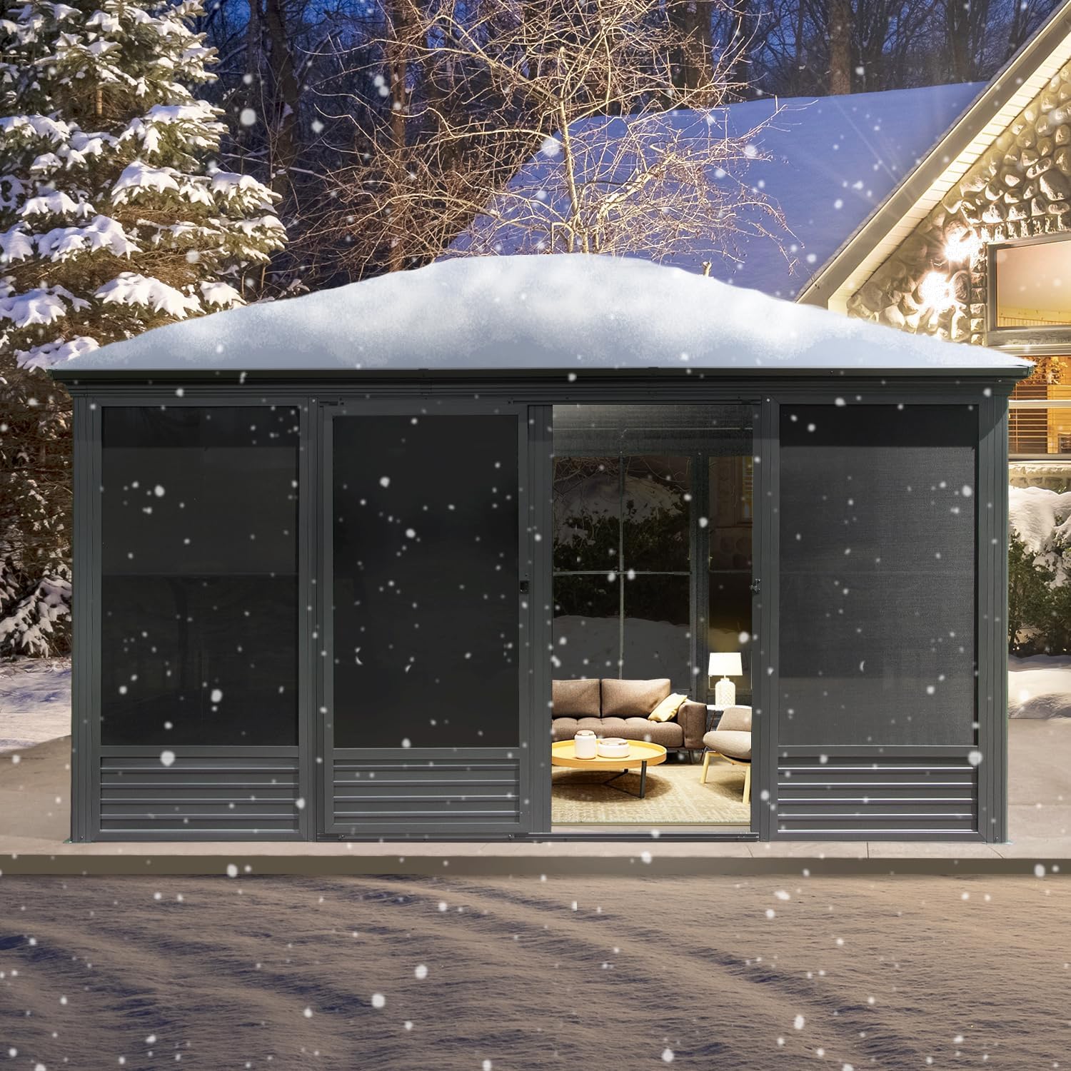 Domi 11x15FT Outdoor Sunroom Gazebo, Aluminum Solarium with Galvanized Steel Sloping Roof, Detachable PE Screens, 2 Sliding Doors, Permanent Sun Room Hardtop Screen House for Patio Deck Garden