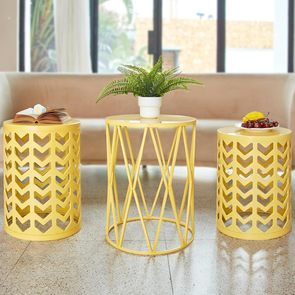 Y&M Set of 3 Nesting Metal Round Coffee Table, Side Table End Table for Indoor Outdoor Multifunctional Use,Heavy Duty Metal Plant Stand Decorative Garden Stool- Yellow(Ship from US)