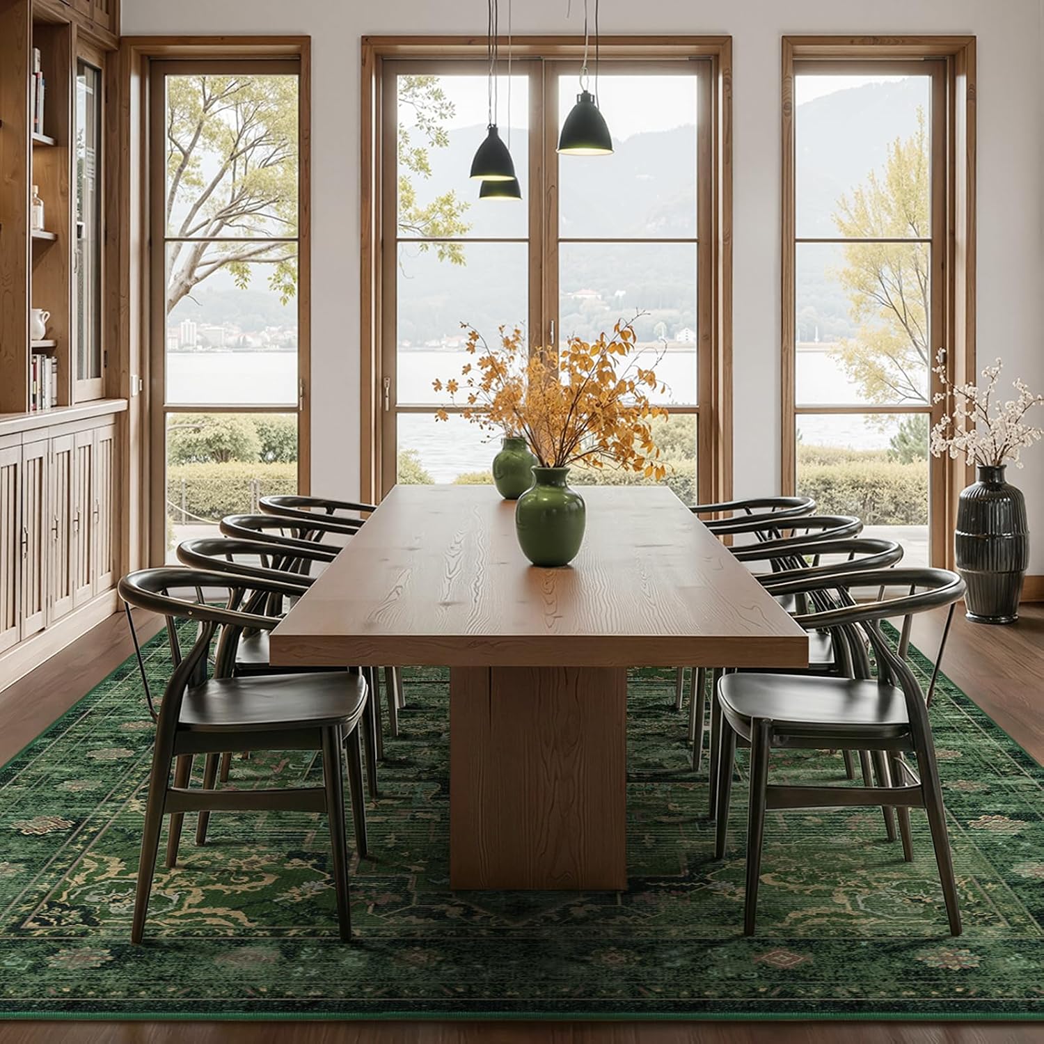 Green Large Area Rugs 10x12, Living Room Bedroom Carpet Extra Large Size Washable Non Slip, Vintage Distressed Medallio Low Pile Thin Rug for Big Dining Room