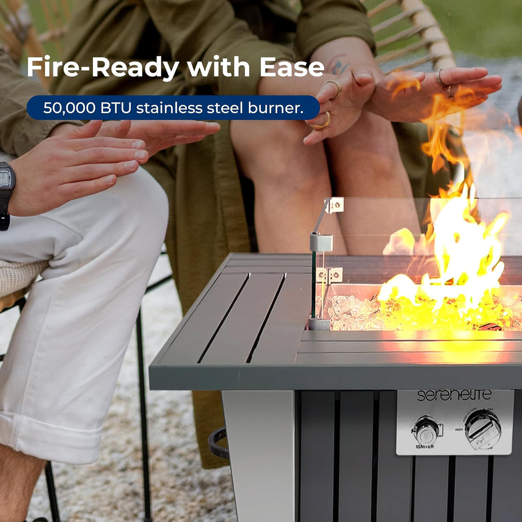 SereneLife Propane Fire Pit Table 50,000 BTU with Sturdy Metal Frame, Stainless Steel Fire Pan, Decorative Glass Rocks, Weather Cover, CSA Certified for Patio, Backyard, or Garden Use