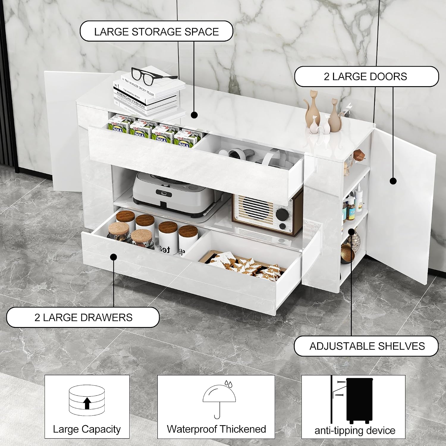 High Gloss TV Stand with 2 Large Drawers & Push-Open Doors - High Gloss Modern TV Console Storage Cabinet for Living Room, Office