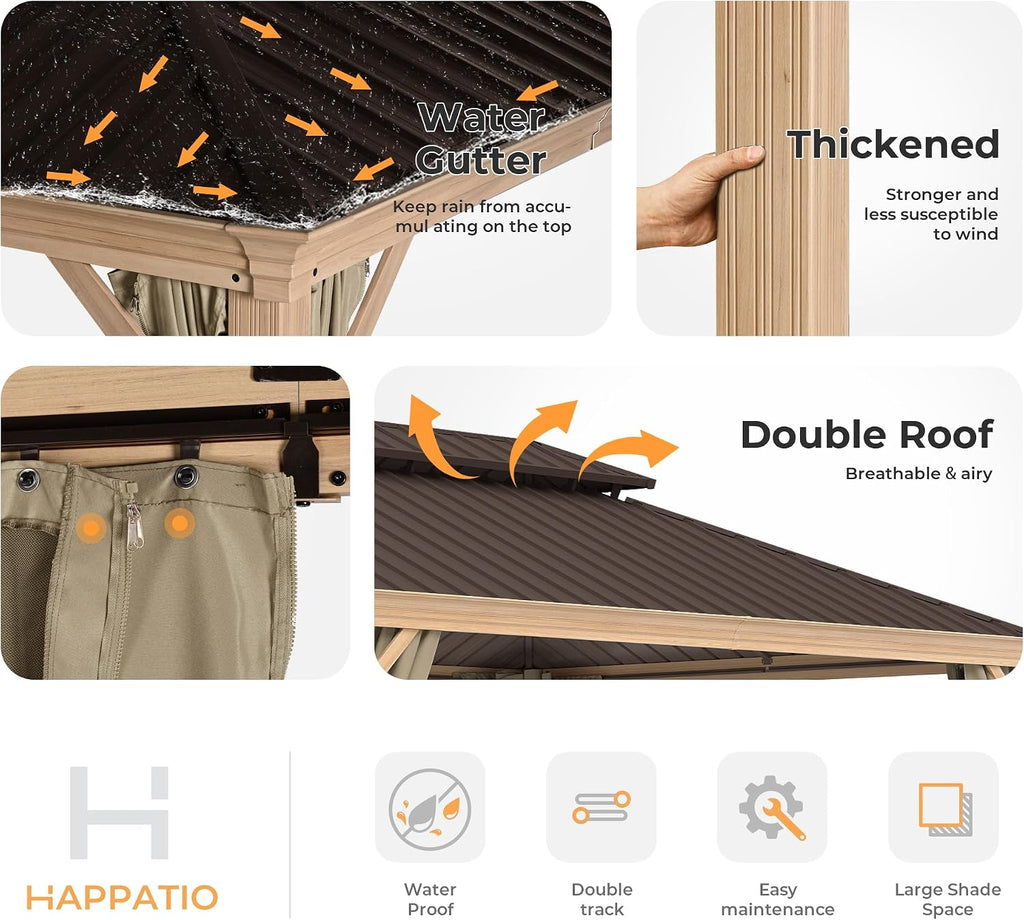 HAPPATIO 12' x 20' Hardtop Gazebo, Outdoor Wood Grain Aluminum with Galvanized Steel, Patio Double Roof Permanent Metal Gazebo Canopy with Netting and Curtains for Backyard, Patio, Deck (Brown)