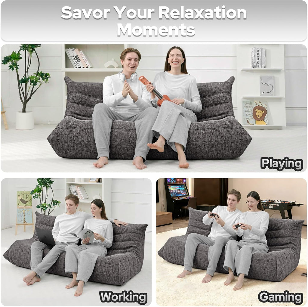 HABUTWAY Bean Bag Chairs Fireside Lazy Floor Sofa, Soft Teddy Fleece 3 Seater Sofa with High-Resilience Foam Filling，Beanbag for Living Room, Bedroom, Office (Dark Grey Teddy)