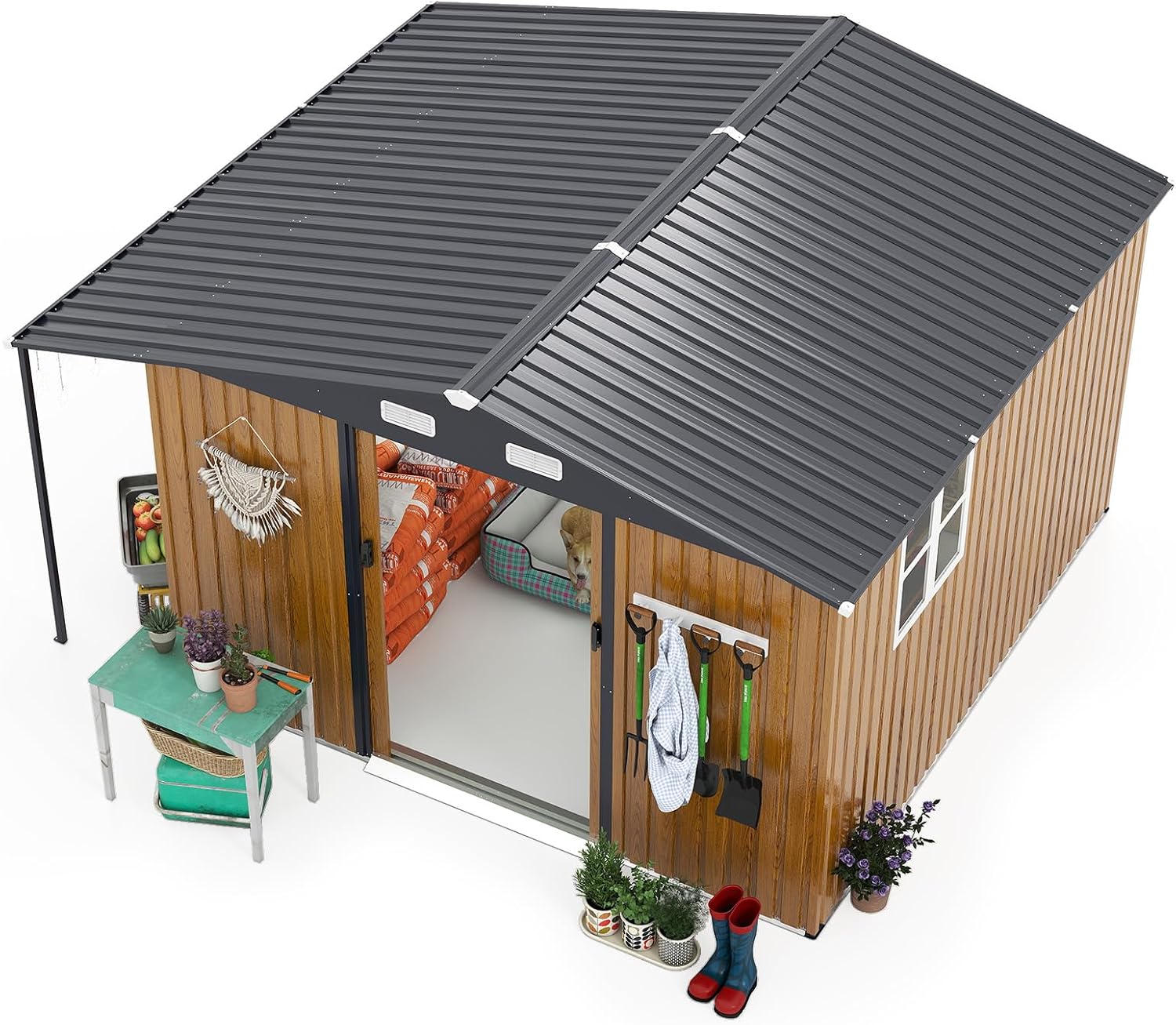 Metal Storage Shed, Yellow, 10x12 Ft, Galvanized Steel Construction, Sliding Doors, Windows, Integrated Ramp, Backyard Garden Tool Storage