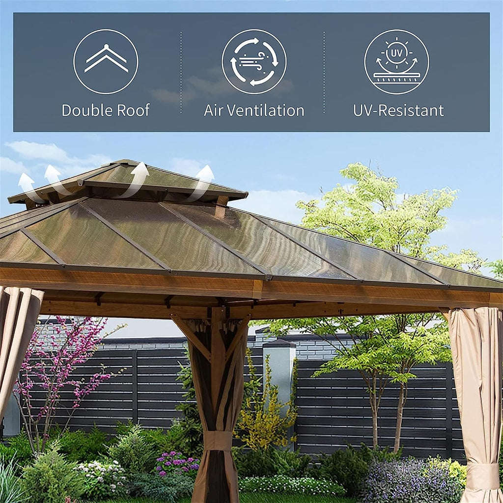 12x12Ft Hardtop Gazebo Wood-Looking Aluminum Frame Patio Gazebos with Polycarbonate Double Roof Permanent Gazebo Pavilion with Curtain and Netting for Garden Patio Lawns Deck Backyard