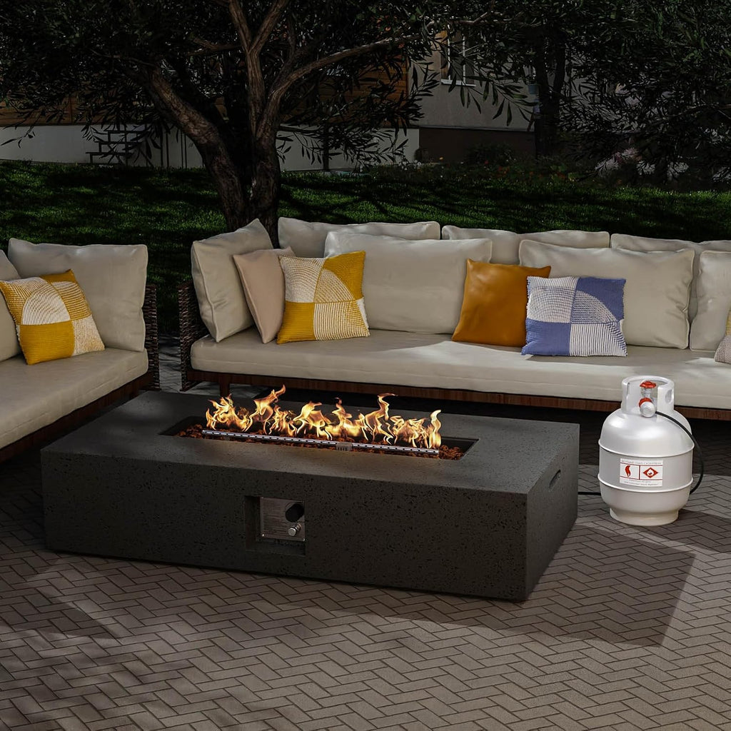 SUNBURY Outdoor Travertine Fire Pit Table, 56 inches Rectangle Propane Gas Patio Fire Pit 50,000 BTU Concrete, Low Firepit Table with Lava Rocks, Waterproof Cover (Grey)