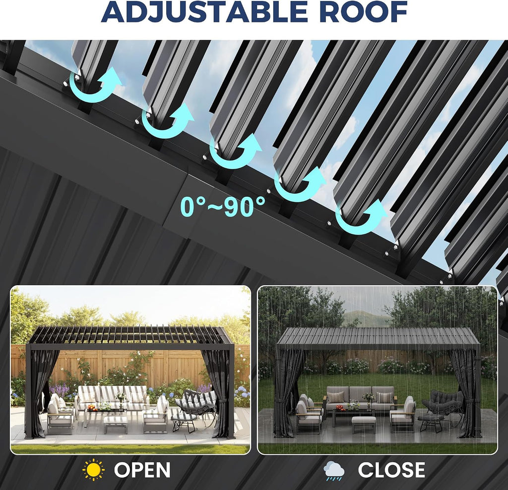 12' x 16' Louvered Pergola, Outdoor Pergola with Metal Adjustable Louvered Roof & Gutter System, Hardtop Patio Gazebo for Backyard, Patio, Garden, Dark Gray