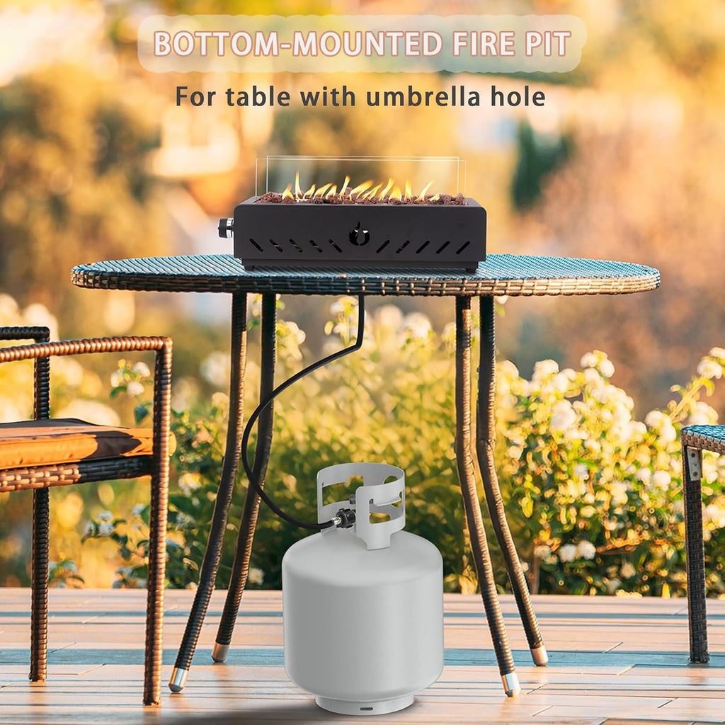 18' Tabletop Propane Gas Fire Pit Bottom-mounted for Table with Umbrella Hole, Portable Smokeless Firepit with Glass Wind Guard for Patio Backyard Camping RV Tailgating, #FP027