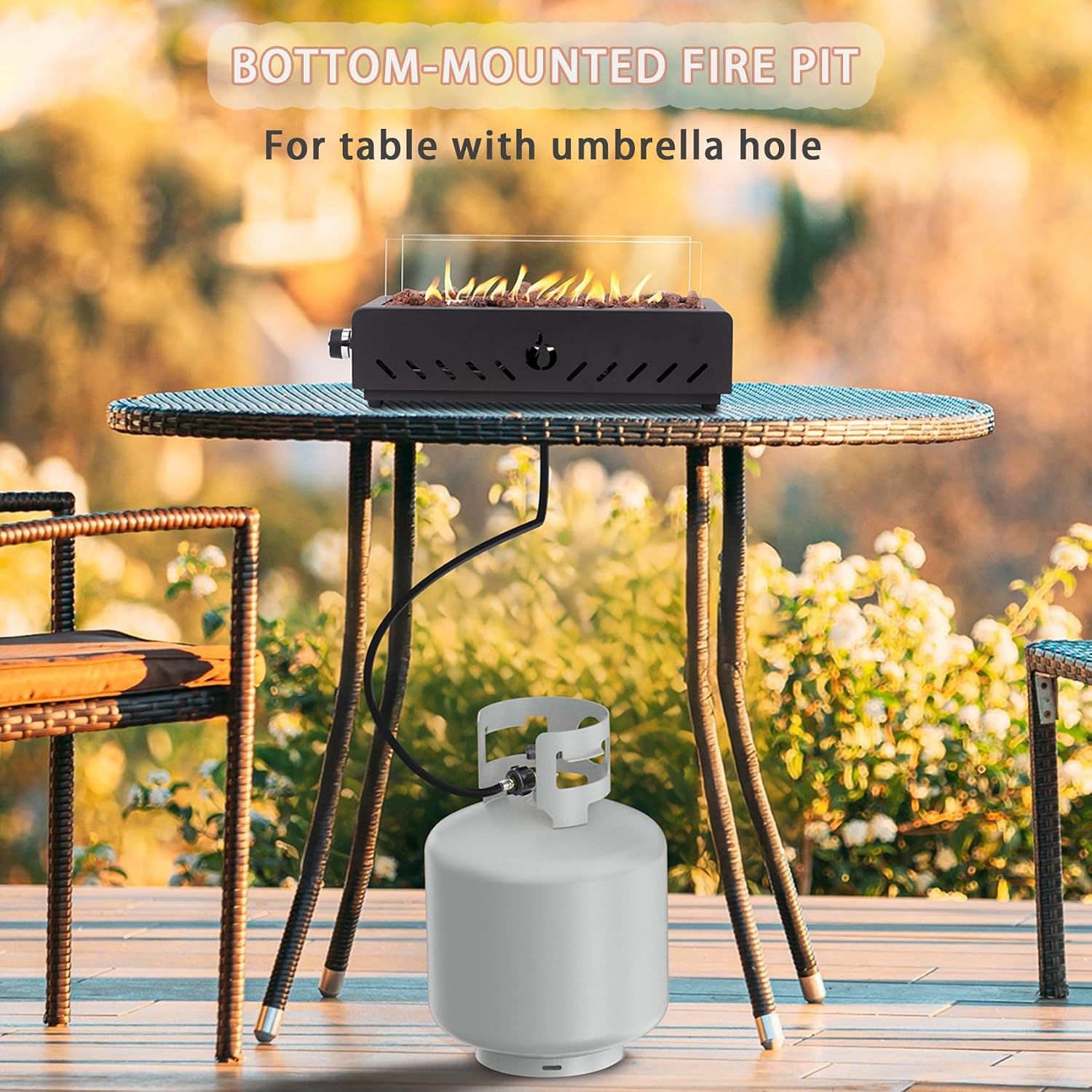 18' Tabletop Propane Gas Fire Pit Bottom-mounted for Table with Umbrella Hole, Portable Smokeless Firepit with Glass Wind Guard for Patio Backyard Camping RV Tailgating, #FP027