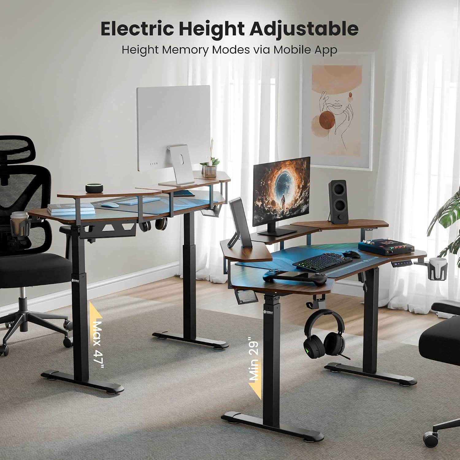 EUREKA ERGONOMIC Aero 55 Inch W Shaped Electric Standing Desk, Height Adjustable Computer Gaming Desk with LED Monitor Shelf, Mouse Pad, Headphone Hook, Cup Holder, Dark Walnut