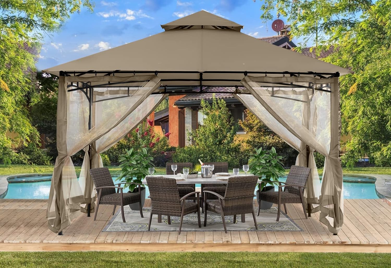 ABCCANOPY Gazebos for Patios 8x8 - Outdoor Steel Frame Gazebo with Mosquito Netting for Lawn Backyard Garden Deck (Khaki)
