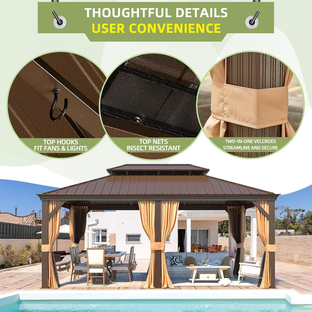 YOLENY 12'x18' Hardtop Gazebo,Galvanized Steel Metal Double Roof Gazebos with Curtain and Netting, Brown Permanent Pavilion Canopy with Aluminum Frame for Patios,Gardens,Lawns