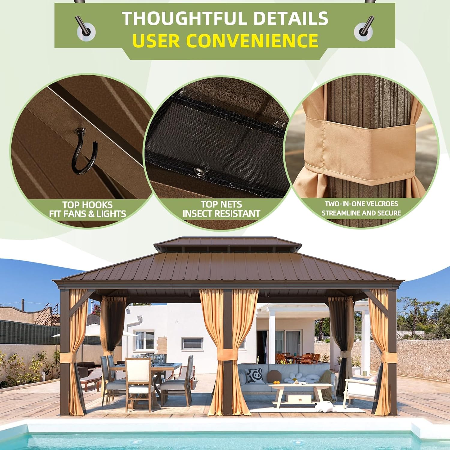 YOLENY 12'x18' Hardtop Gazebo,Galvanized Steel Metal Double Roof Gazebos with Curtain and Netting, Brown Permanent Pavilion Canopy with Aluminum Frame for Patios,Gardens,Lawns