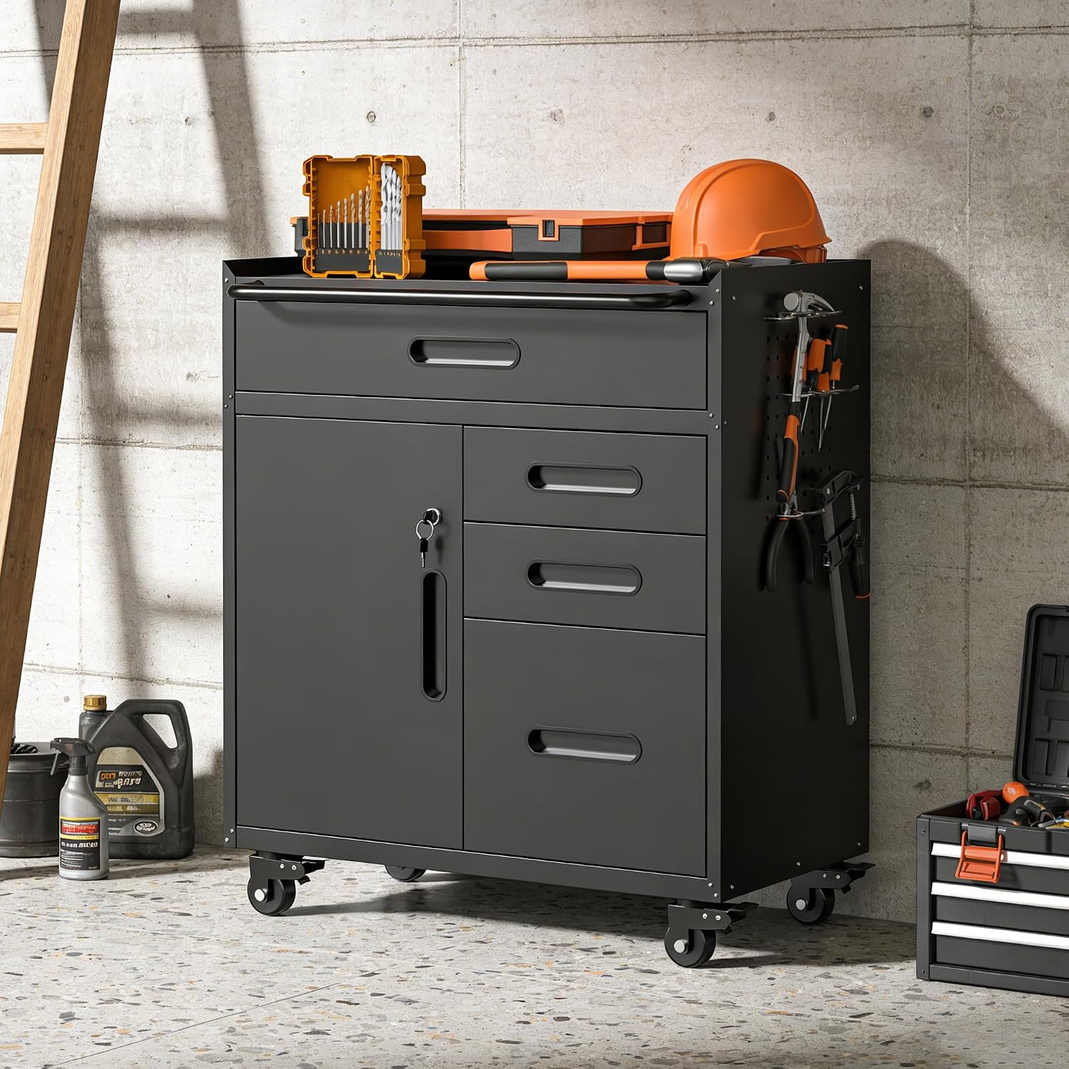 RYH 29.5' W Rolling Tool Cabinet with Metal Garage Storage Cabinet on Wheels, Locking Rolling Tool Chest for Workshop, Heavy Duty Tool Cart with Drawers (Black+, 4 Drawers 1Door34.4 H ×29.5' W)