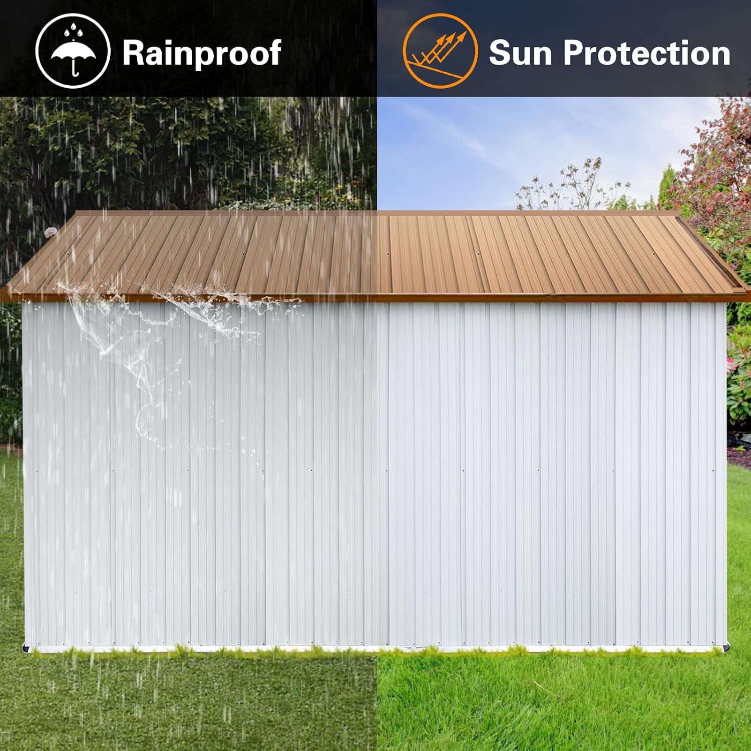 12x10 FT Metal Storage Shed, Outdoor Storage Shed with Lockable Door & Apex Roof, Durable Hinged Door for Garden, Backyard, Lawn, and Utility Storage, Weather-Resistant, White and Yellow