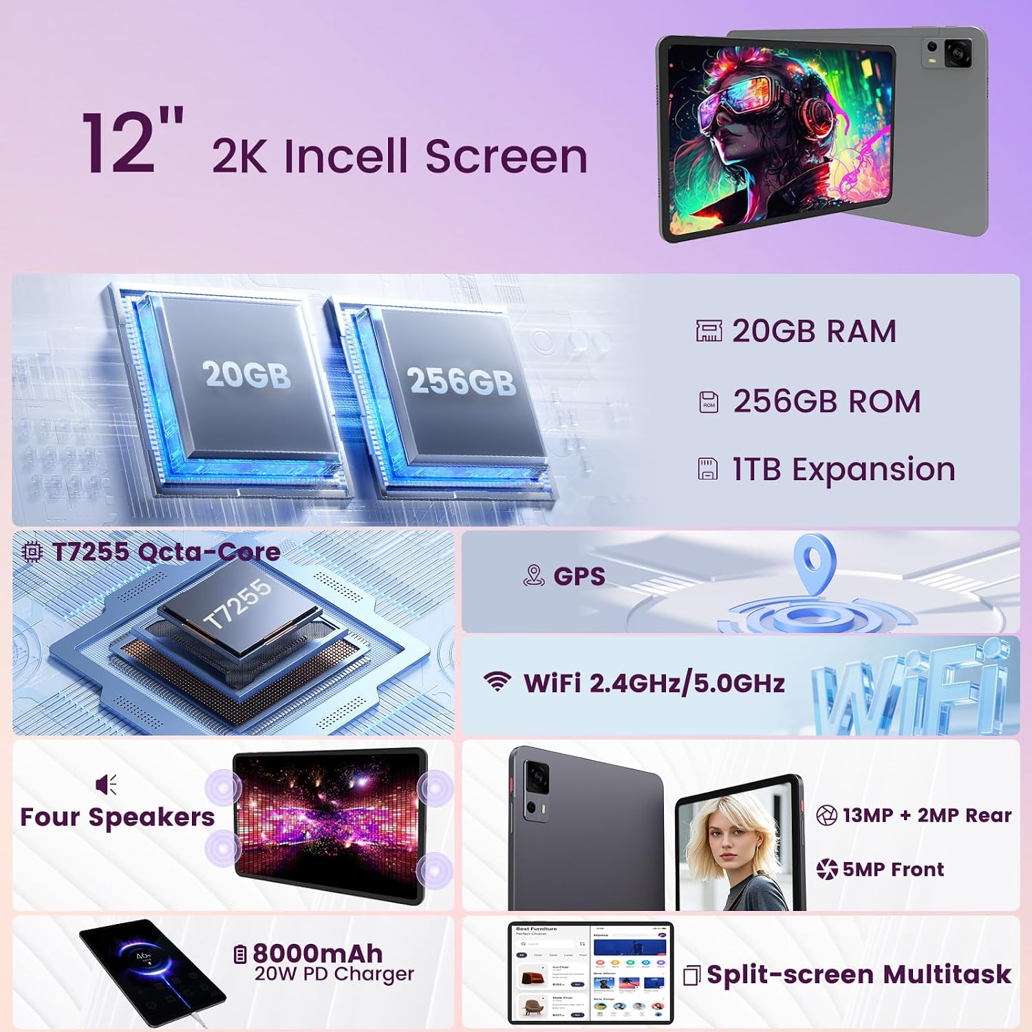 Android Tablet, 12 Inch Tablet with 2K IPS Display & Case, Octa-Core up to 2 GHz, 20GB RAM 256GB ROM 1TB Expand, 8000mAh, 20W Fast Charger, Dual-Band WiFi, Support GPS Face Unlock Widevine L1