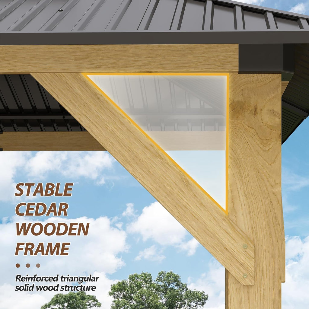 10'x12' Wood Gazebo,Outdoor Cedar Wood Hardtop Gazebo with Galvanized Steel Double Roof, Wooden Frame Gazebos for Patio, Backyard, Deck