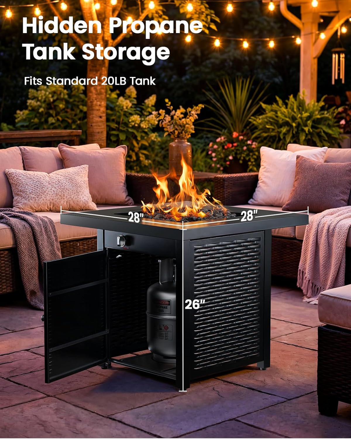 Ciays 28 Inch Propane Fire Pit CSA-Listed Outdoor Fire Pit Table, 50,000 BTU Steel Gas Fire Pits with Lid and Lava Rock, Add Warmth and Ambience to Parties On Patio Deck Garden,Black,CIFPT3-N1